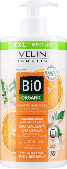 Eveline Bio Organic zpevňující a vyhlazující bio tělové mléko s pomerančovým květem 650 ml-(poškozený aplikátor)