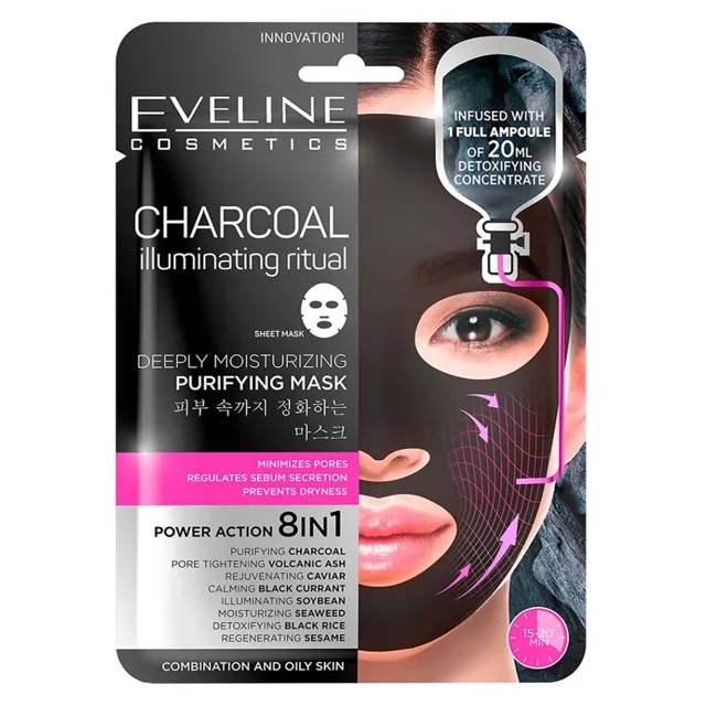 EVELINE Charcoal Hydratační pleťová textilní maska s uhlím 20 ml