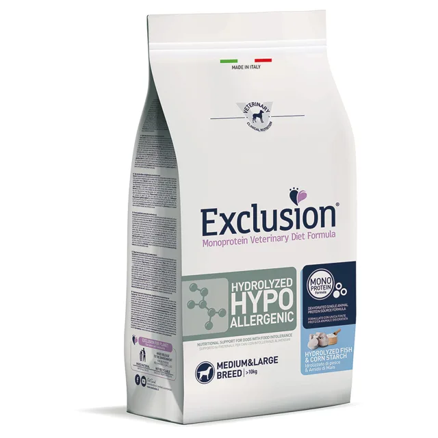 Exclusion Diet Hydrolyzed Hypoallergenic Medium/Large s rybou a kukuřičným škrobem - 12 kg