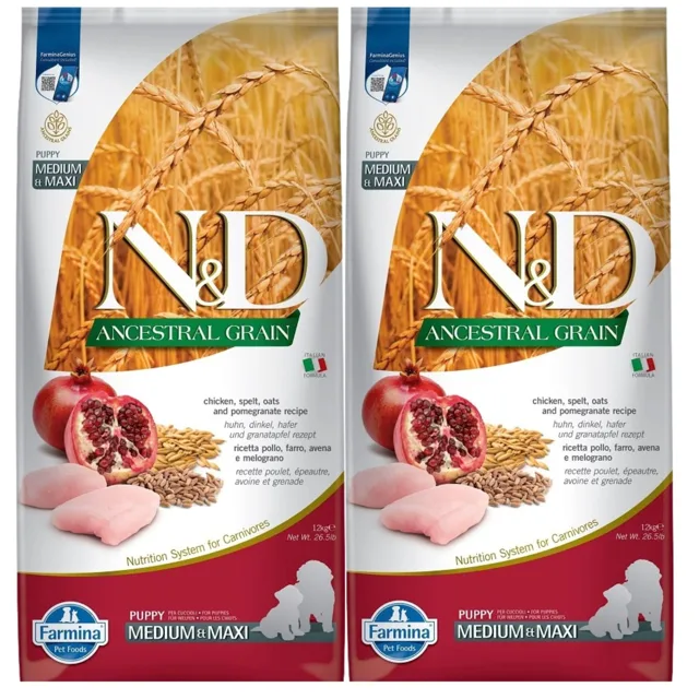 FARMINA N&amp;D Ancestral Grain Chicken &amp; Pomegranate Medium &amp; Maxi Puppy 2x12 kg krmivo pro štěňata