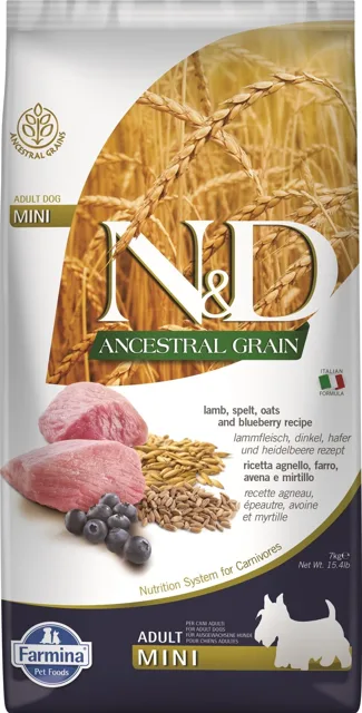 FARMINA N&amp;D Ancestral Grain lamb &amp; blueberry Adult Mini dog 7 kg krmivo pro psy malých plemen + FARMINA N&amp;D Quinoa Dental Treat Flatulence Mini 60 g (7 ks) ZDARMA!