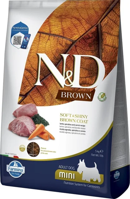 FARMINA N&amp;D Brown Dog Adult Mini Lamb, Spirulina, Carrot 5 kg + FARMINA N&amp;D Brown Dental Treat Coat Lamb Mini 60 g (7 ks) ZDARMA!