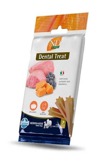 FARMINA N&amp;D Dentální pamlsek Pumpkin Lamb Blueberry Medium/Maxi 100 g (7 ks) pro psy středních a velkých plemen
