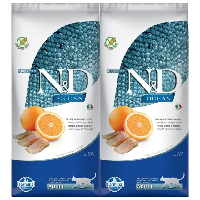 FARMINA N&amp;D Ocean Cat Adult Herring &amp; Orange suché krmivo pro kočky se sleděm a pomerančem 2x10 kg