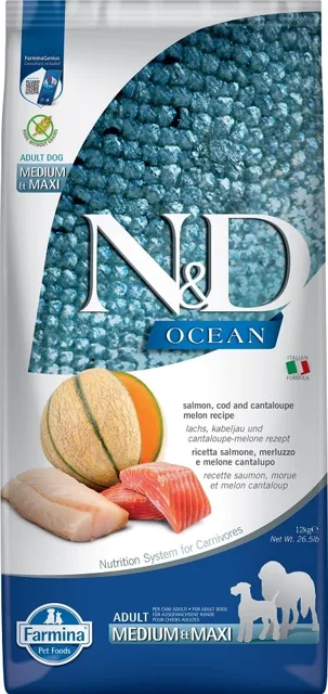 FARMINA N&amp;D Ocean Dog Adult Medium &amp; Maxi 12 kg losos, treska, dýně, meloun kantalup + 2 x FARMINA N&amp;D Quinoa Dental Pack Weight management Medium/Maxi ZDARMA!