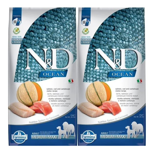 FARMINA N&amp;D Ocean Dog Adult Medium &amp; Maxi losos, treska, dýně a meloun cantaloupe 2x12 kg losos, treska, dýně, meloun cantaloupe