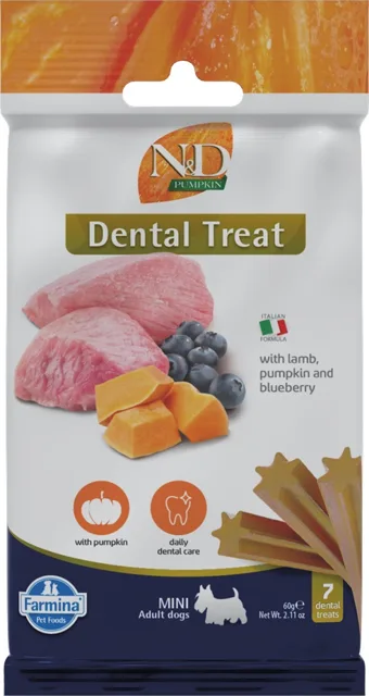 FARMINA N&amp;D Pumpkin Dental Treat Lamb Blueberry Mini 60 g (7 ks) dentální pamlsek pro psy malých plemen