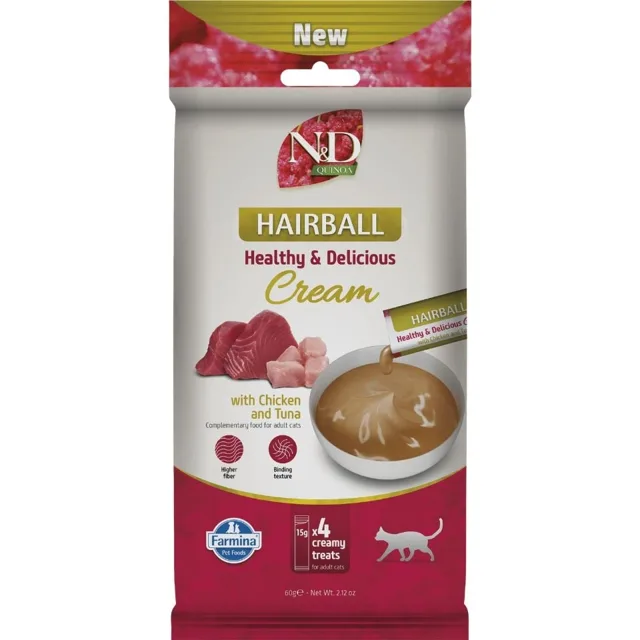 FARMINA N&amp;D Quinoa Cat Hairball Cream Chicken and Tuna 60 g s kuřecím masem a tuňákem krémový pamlsek proti tvorbě trichobezoárů pro kočky