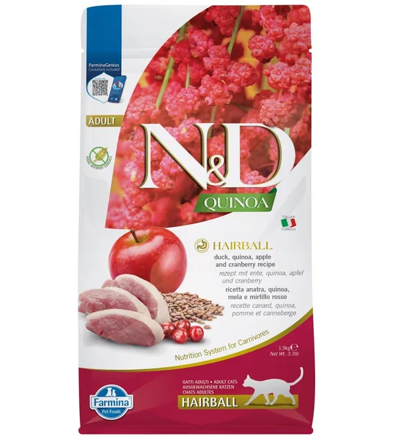 FARMINA N&amp;D Quinoa Cat Hairball Kachna, jablko, brusinka 1,5 kg