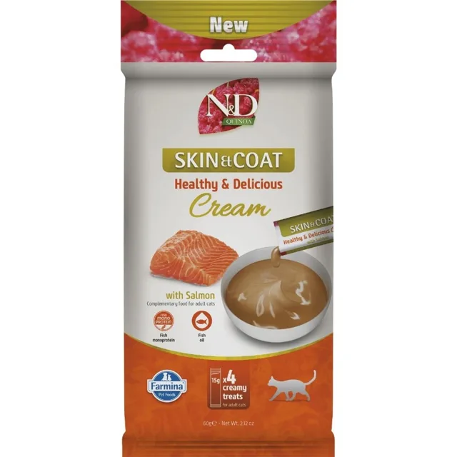 FARMINA N&amp;D Quinoa Cat Skin Coat Cream Salmon 60 g s lososem, krémová pochoutka pro kočky podporující zdraví pleti a srsti