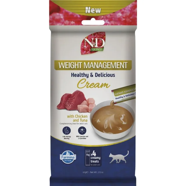 FARMINA N&amp;D Quinoa Cat Weight Management Cream Chicken and Tuna 60 g s kuřecím masem a tuňákem, krémová pochoutka pro kočky s nadváhou