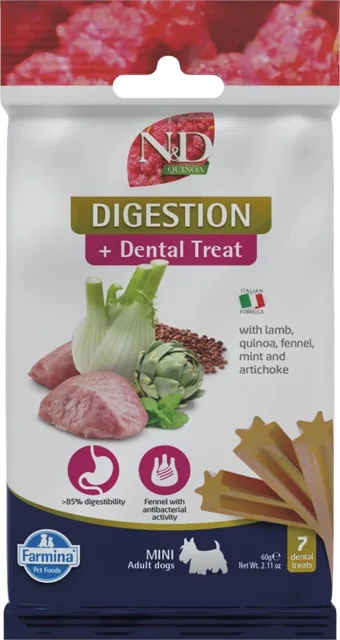 FARMINA N&amp;D Quinoa Dental Treat Digestion Mini 60 g (7 ks dentální pamlsek pro psy malých plemen