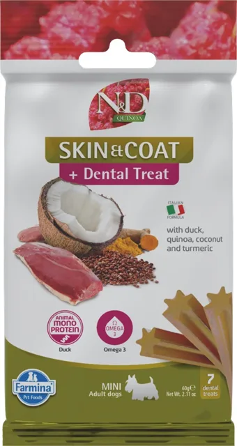 FARMINA N&amp;D Quinoa Dental Treat Skin Coat Duck Mini 60 g (7 ks) dentální pamlsek pro psy malých plemen