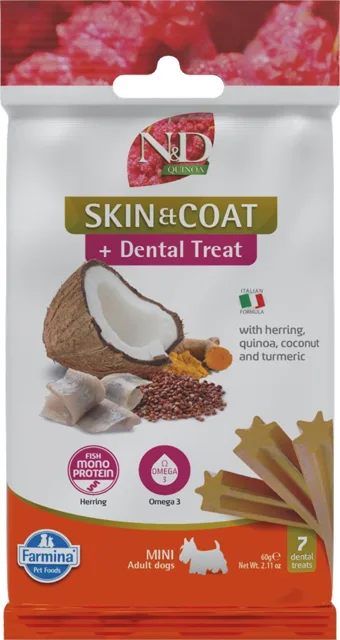 FARMINA N&amp;D Quinoa Dental Treat Skin Coat Herring Mini 60 g (7 ks) dentální pamlsek pro psy malých plemen
