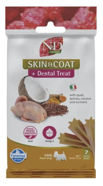 FARMINA N&amp;D Quinoa Dental Treat Skin Coat Quail Mini 60 g (7 ks) dentální pamlsek pro psy malých plemen