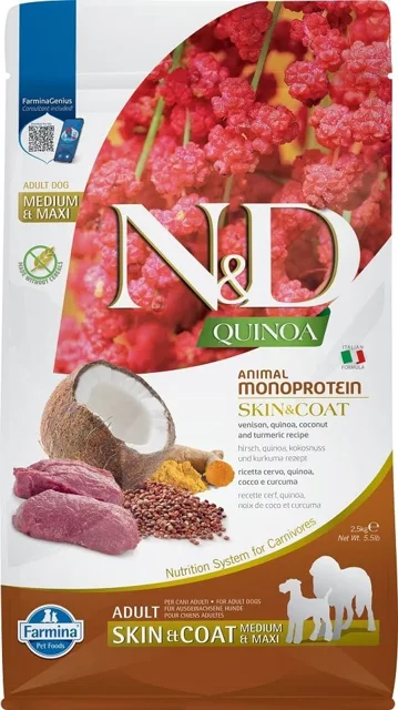 FARMINA N&amp;D Quinoa Dog Adult Medium Maxi Skin and Coat Venison Coconut 2,5 kg