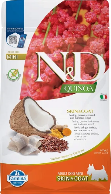 FARMINA N&amp;D Quinoa Dog Skin&amp;Coat Adult Mini herring, coconut 800 g krmivo pro psy doporučované k snížení intolerance na složky a živiny