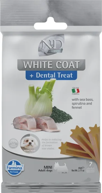 FARMINA N&amp;D White Dental Treat Coat Sea bass Mini 60 g (7 ks) dentální pamlsek pro psy malých plemen