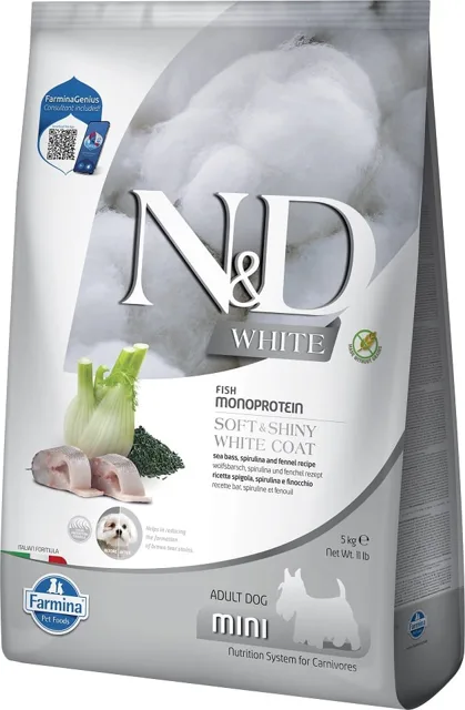 FARMINA N&amp;D White Dog Adult Mini Sea Bass, Spirulina, Fennel 5 kg