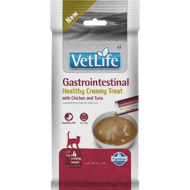 FARMINA Vet Life Cat Gastrointestinal Creamy 60 g s kuřetem a tuňákem, krémová pochoutka pro kočky podporující správné trávení