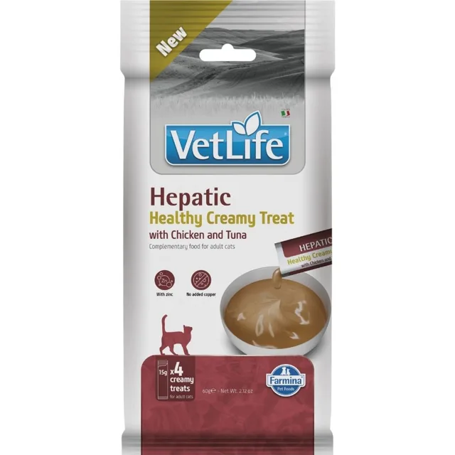 FARMINA Vet Life Cat Hepatic Creamy 60 g s kuřetem a tuňákem, krémová pochoutka pro kočky podporující funkci jater