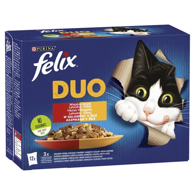 FELIX Duo Country Flavors v želé (hovězí a drůbeží, kuřecí a ledvinky, jehněčí a telecí, krůtí a játra) 12x85 g mokré krmivo pro kočky