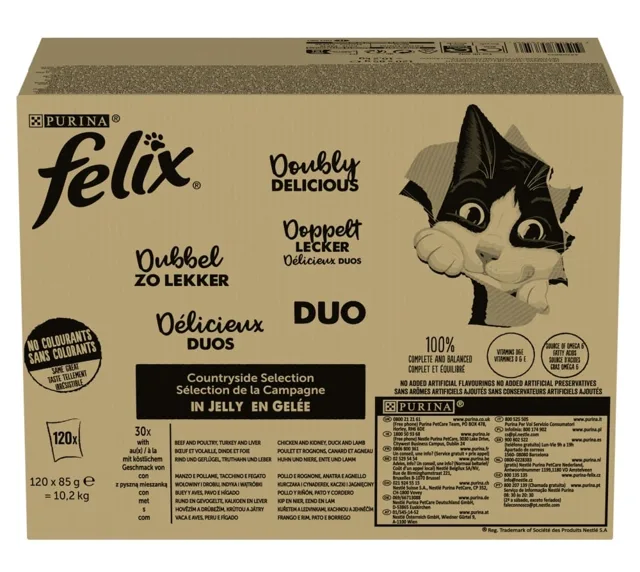 FELIX Fantastic DUO Mix Venkovské chutě v želé 120x85g hovězí a drůbež, krůta a játra, kuře a ledvinka, kachna a jehněčí, mokré krmivo pro kočky