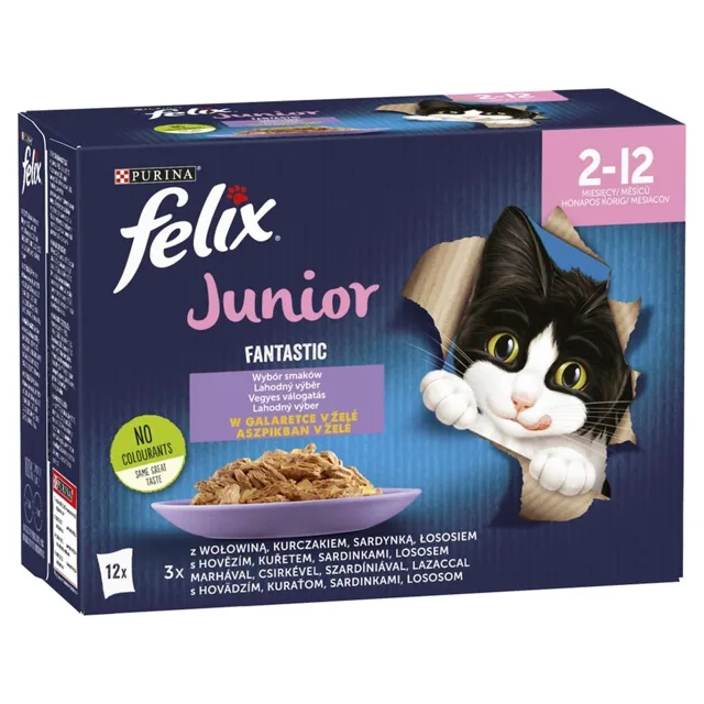 FELIX FANTASTIC Junior s kuřetem v želé Mix příchutí 12x85g kapsičky pro koťata