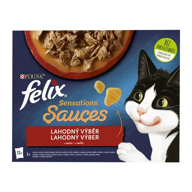 Felix FELIX Sensations Sauces - výběr v ochucených omáčkách s hovězím, jehněčím, krůtou a kachnou multipack 12x 85 g 1020 g