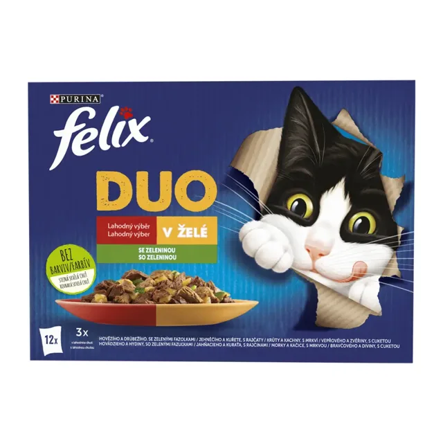 Felix Kapsička pro kočky Fantastic Duo hovězí a drůbeží, jehněčí a kuře, krůta a kachna, vepřové a zvěřina se zeleninou multipack 12x 85 g 1020 g