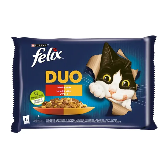 Felix Kapsičky pro kočky Fantastic DUO kuře a ledvinky, hovězí a drůbeží, krůta a játra, jehněčí a telecí 4x 85 g 340 g