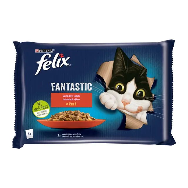 Felix Kapsičky pro kočky Fantastic hovězí, kuře v želé 4x 85 g 340 g