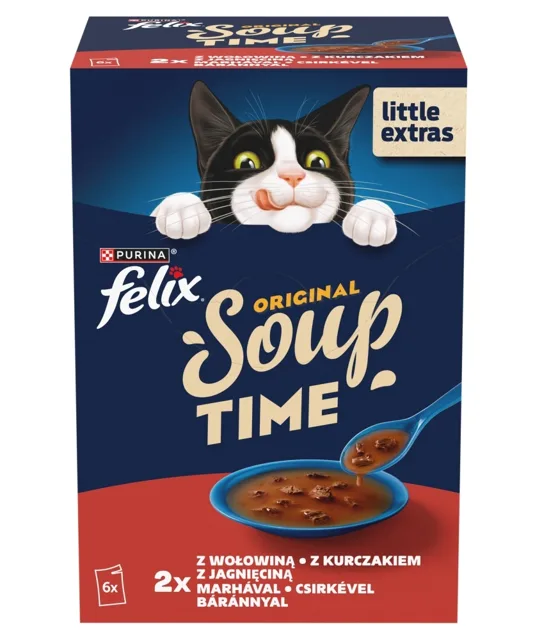 FELIX Original Soup Country Flavors 6x48g s hovězím, kuřecím a jehněčím masem, doplňkové mokré krmivo pro kočky