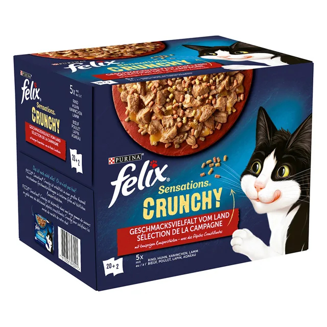 Felix Sensations Crunchy Crumbles kapsičky 20x85 g + 2x40 g - kuře, hovězí, králičí, jehněčí