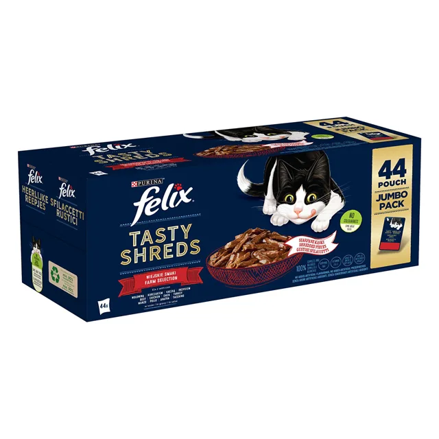 Felix Tasty Shreds kapsičky 44 x 80 g - hovězí, kuře, kachna, krůta ve šťávě