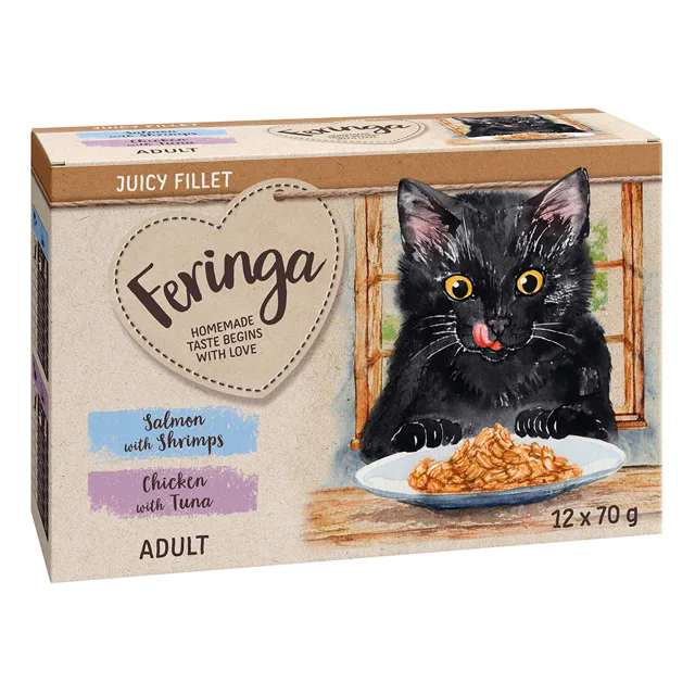 Feringa Juicy Fillet 12 ks (12 x 70 g) míchané balení:  losos s krevetami a kuřecí s tuňákem 12 ks (12 x 70 g)