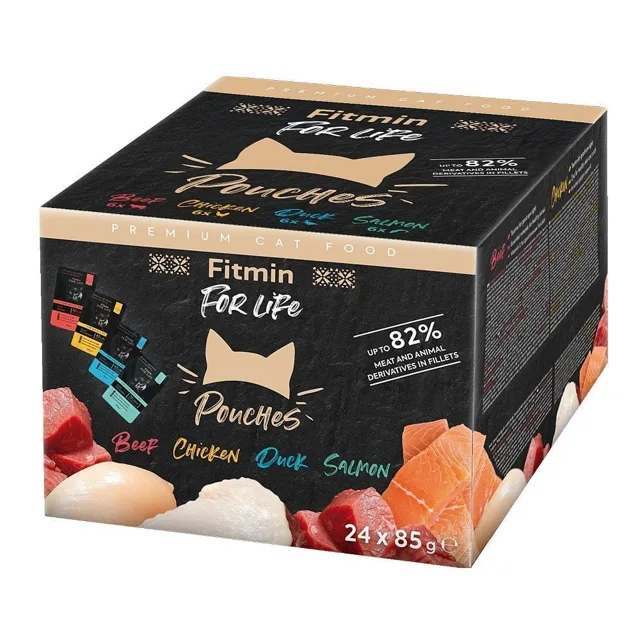 FITMIN For Life Cat Pouch Multipack 24x85g s hovězím, kachním, kuřecím masem a lososem v omáčce