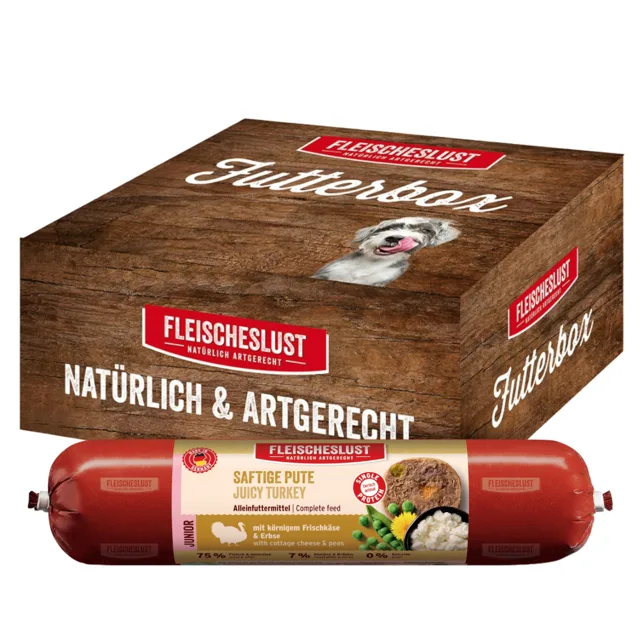 Fleischeslust Junior Classic 8 x 400 g šťavnaté krůtí s čerstvým sýrem a hráškem