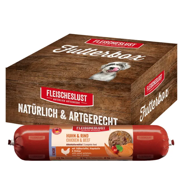 Fleischeslust Senior Classic box 6 x 800 g - kuřecí a hovězí maso se sladkými bramborami, šípky a Gingko