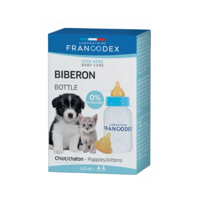 FRANCODEX Krmná láhev pro štěňata a koťata 120 ml + 2 savičky