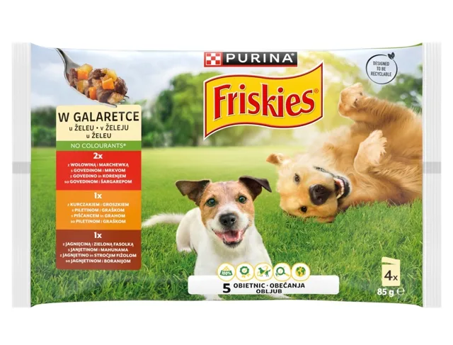 FRISKIES Adult Hovězí, kuřecí a jehněčí v želé 4x85g mokré krmivo pro psy
