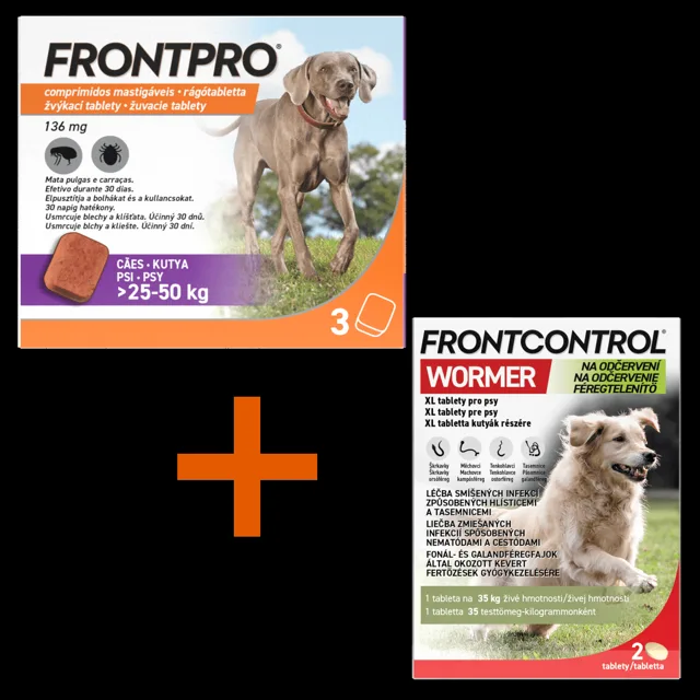Frontpro 136mg 25-50kg 3 žvýkací tablety + Frontcontrol Wormer pro psy XL 2 tablety