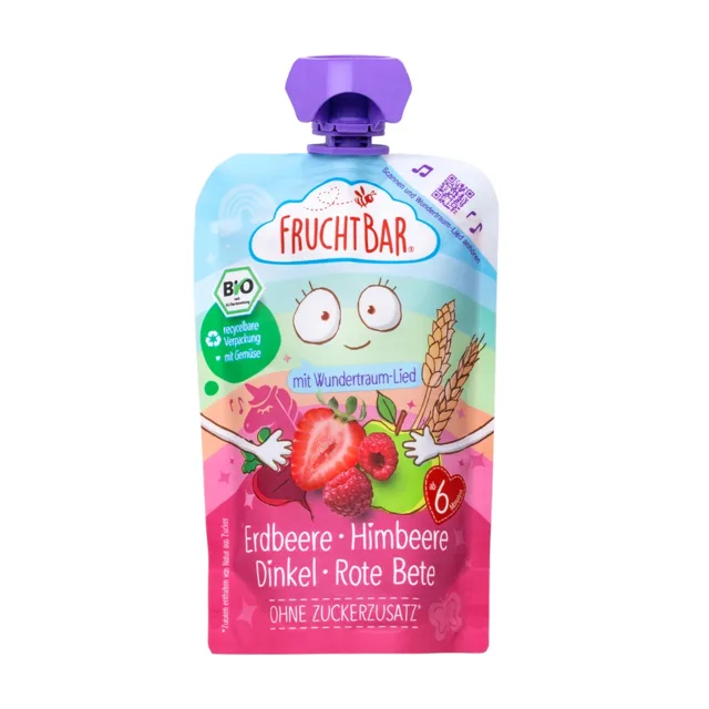 FruchtBar BIO Ovocná kapsička s jahodami, malinami, červenou řepou a špaldou 100 g