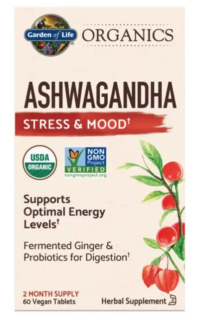 Garden of Life Organics Ashwagandha Stress & Mood, extrakt, 60 rostlinných tablet
