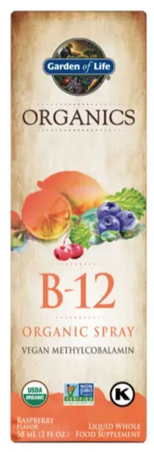Garden of Life Organics B-12, sprej s vitaminem B12, malinová příchuť, BIO, 58 ml