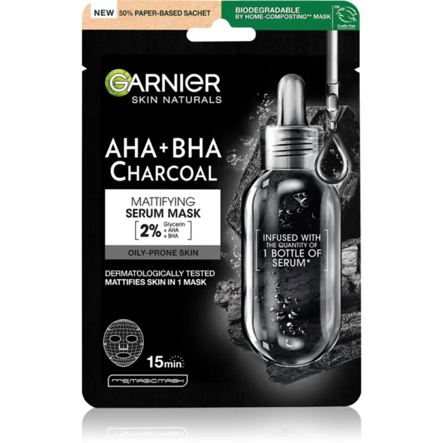 Garnier Textil Masks AHA+BHA Charcoal hydratační plátýnková maska s aktivním uhlím 28 g