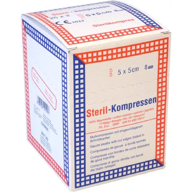 Gáza kompres sterilní 5x5cm/25x2 8 vrstev Steriwund