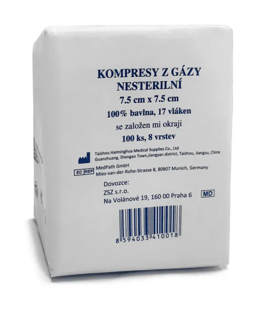 Gáza kompresní nesterilní 7,5 x 7,5 cm/100 ks 8vrstev