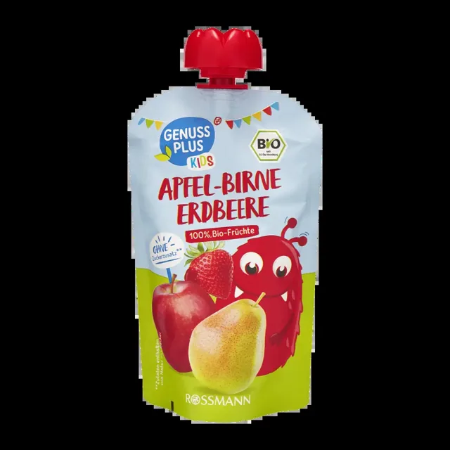 GENUSS PLUS BIO ovocné pyré jablko, hruška a jahoda 100 g
