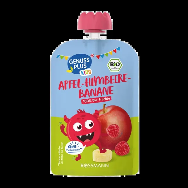 GENUSS PLUS BIO Ovocné pyré jablko, malina, banán 100 g